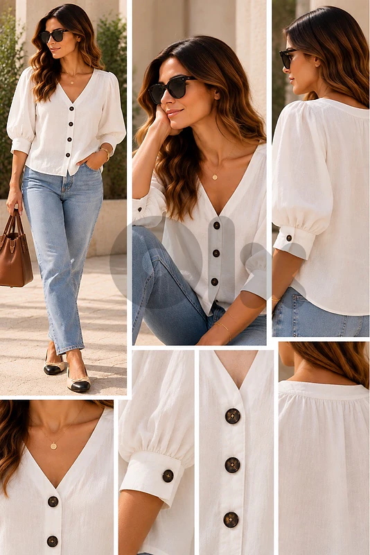 White V-Neck Puff Sleeve Blouse
