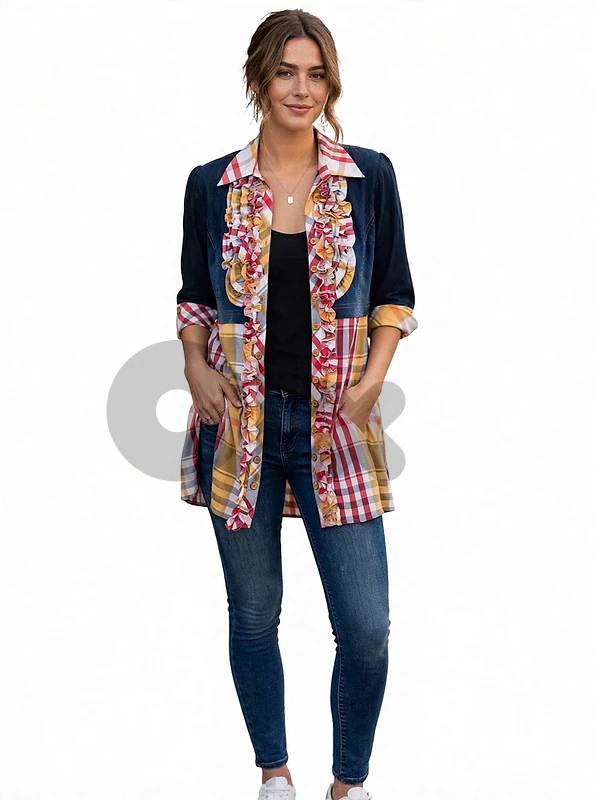unique denim chemise with colorful plaid ruffle