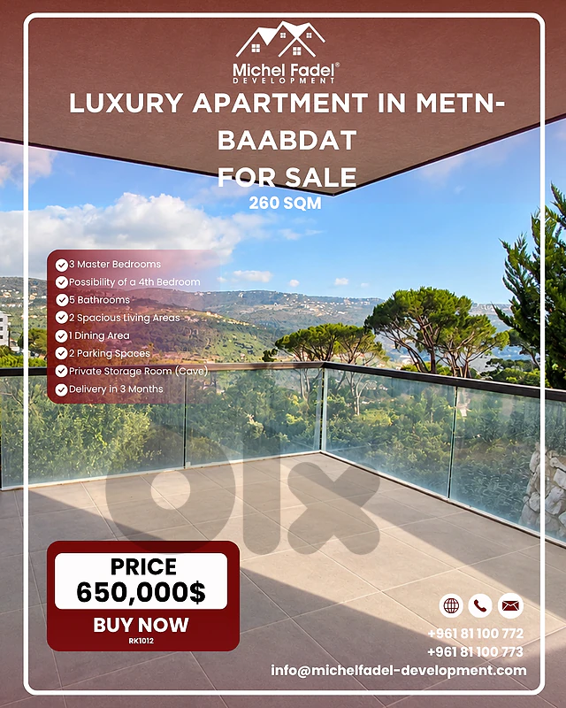 RK1012-Luxury Apartment for Sale in Metn-Baabdat