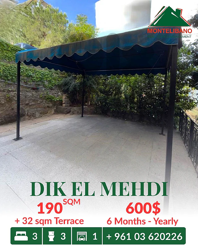 190 sqm Apartment For Rent in Dik El Mehdi with 32 sqm Terrace