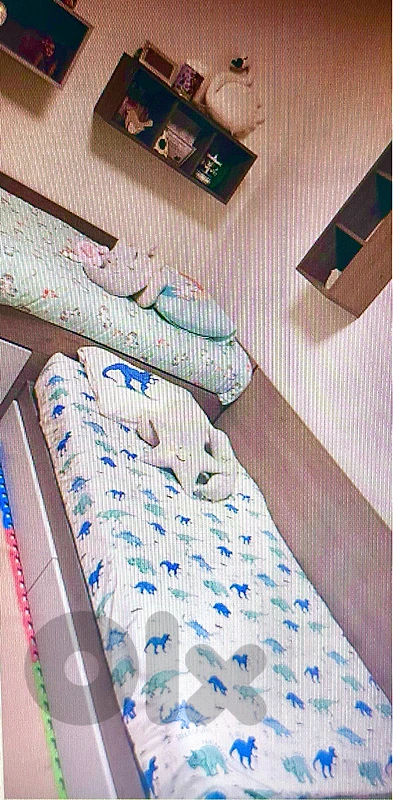 2 kids bed with matressess & 4 shelves