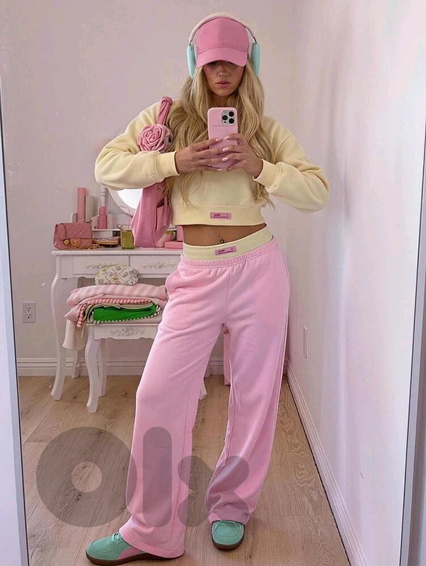 New Woman Cropped Long Sleeve Sweatshirt & Sweatpants Casual Set