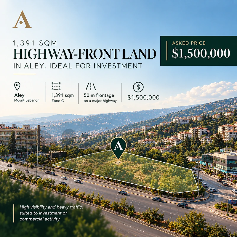 1,391 sqm Highway-Front Land in Aley, Ideal for Investment