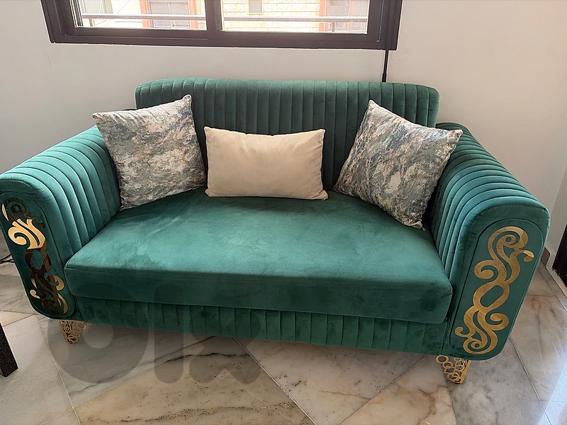 Complete Modern Glam Living Room Set - Emerald Green & Cream Velvet