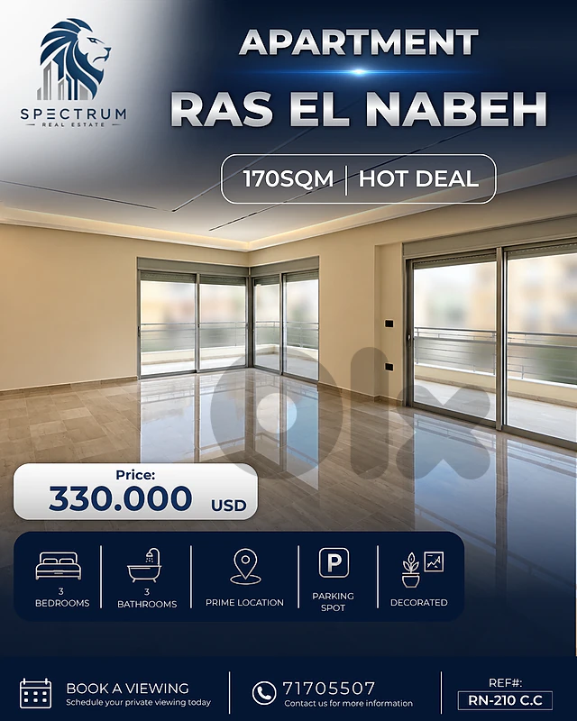 HOT DEAL ! APT IN RAS EL NABEH PRIME | 170SQ | 3 BEDS | RN-210 C.C