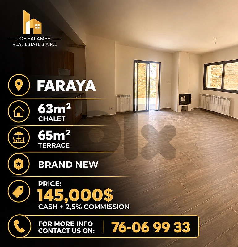 Brand New chalet for sale in Faraya 63m2+65m2 Terrace 145,000$cash