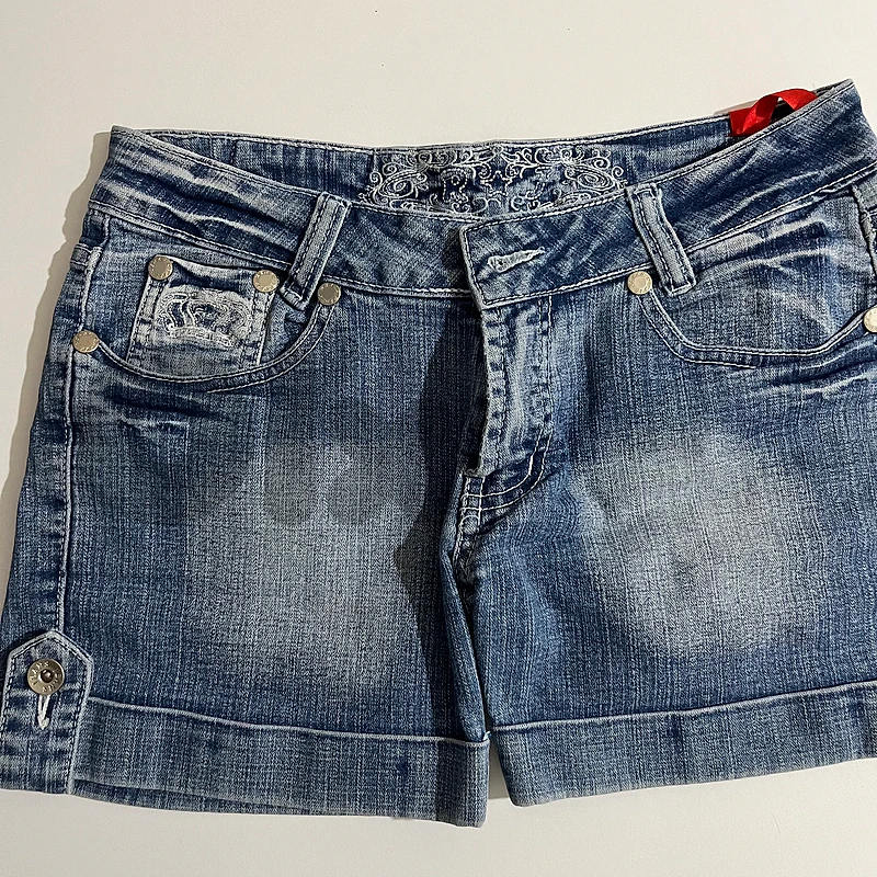 Vintage Reals Y2K Low-Rise Denim Shorts | Acid Wash Crown Rhinestones