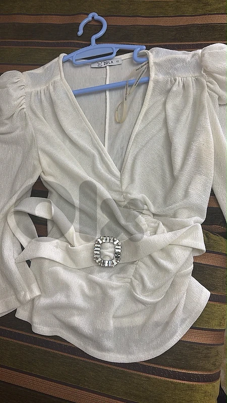 Elegant Womens Wedding Engagement Occasional Top Shirt with Belt White