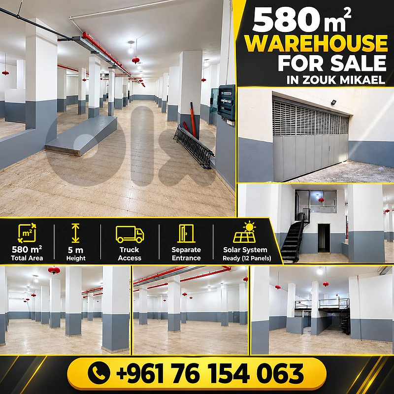 580m² Warehouse for Sale in Zouk Mikael – 5m Height + Solar System 580m² Warehouse for Sale in Zouk Mikael – 5m Height + Solar System