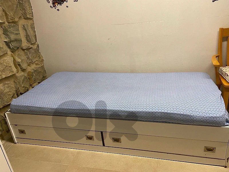 White Wooden Bed with Drawers + 3 Matching Storage Units + Desk