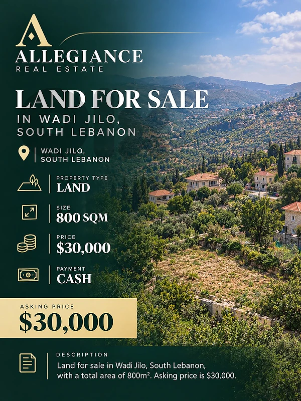 Affordable Land for Sale in Wadi Jilo, South Lebanon – 800 m²