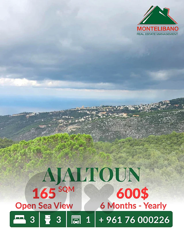 165 sqm Apartment For Rent in Ajaltoun عجلتون with Open Sea View