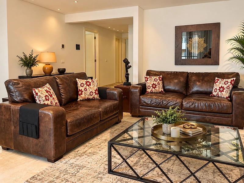Quality Brown Leather Sofa Set – 2 Large Couches from THE One - Dubai