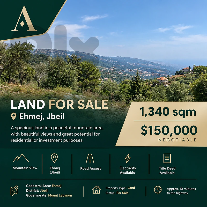 1,340 sqm Land for Sale in Ehmej – $150,000 Negotiable