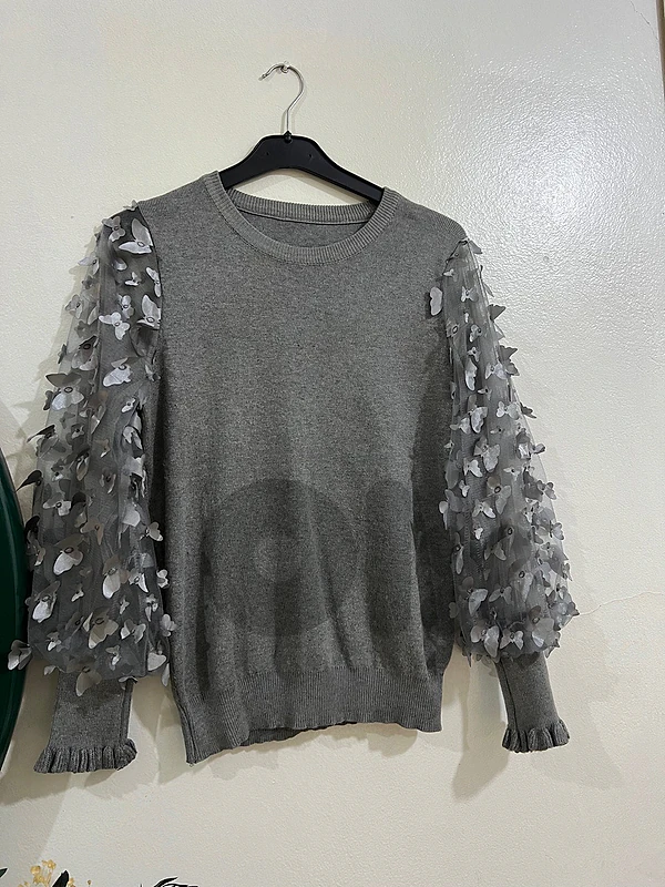 Gray Sweater with 3D Butterfly Sleeves