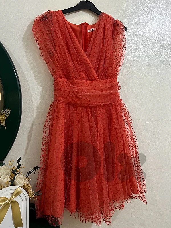 Coral Polka-Dot Tulle Evening Dress