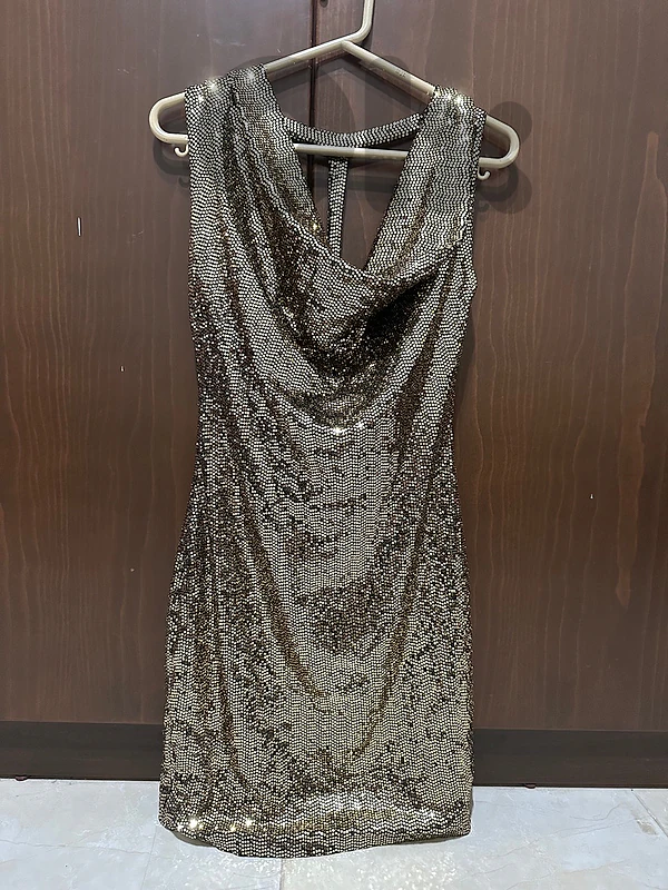 Bubble Metallic Gold Metal-Mesh Cowl Neck Mini Dress - Size S