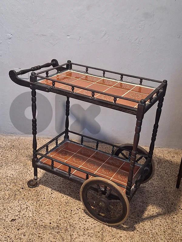 antique wood and porcelain trolley bar cart
