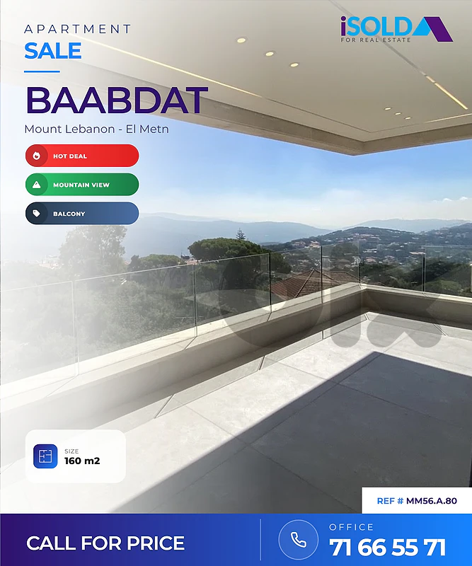 Apartment + Mountain View for Sale in Baabdat - شقة للبيع في بعبدات