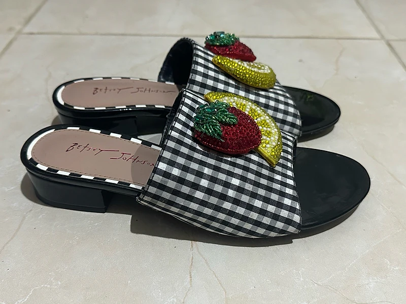 Betsey Johnson Lindyy Gingham Fruit Rhinestone Slide Sandals - Size 37