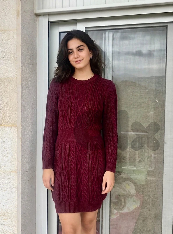 wine red color dress perfect for winterin Lebanon mountains