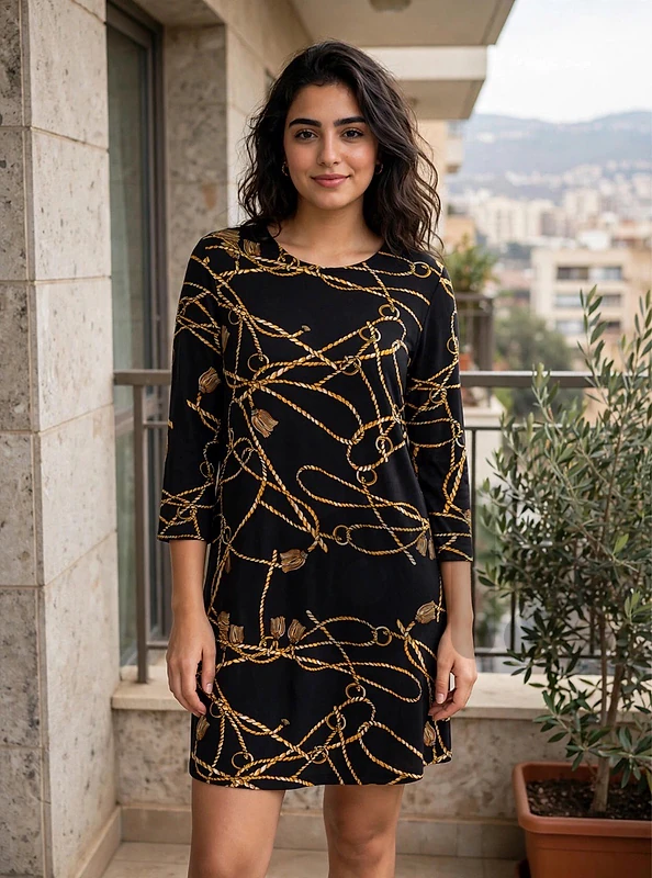 stradivarius black dress with gold chain