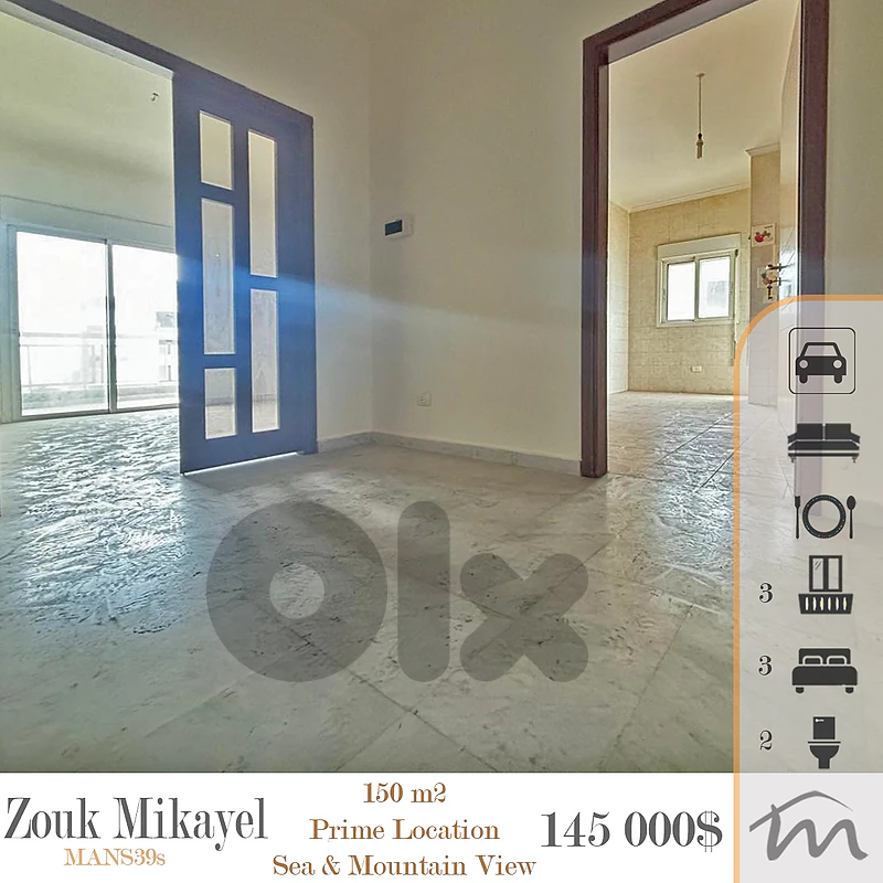 Zouk Mkayel | 3 Bedroom 150m² Apart | 3 Balconies | Sea-Mountain View