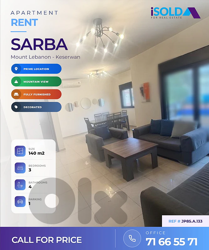 Apartment + MountainView for Rent in Sarba - شقة للاجار في صربا