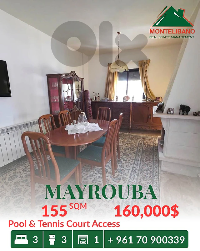 155 sqm Apartment For Sale in Mayrouba+Pool & Tennis Court Access