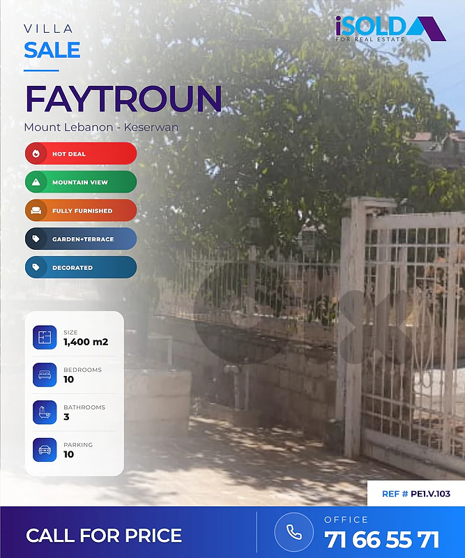 1400m2 furnished Villa+garden+terrace+mountain view 4sale in Faytroun