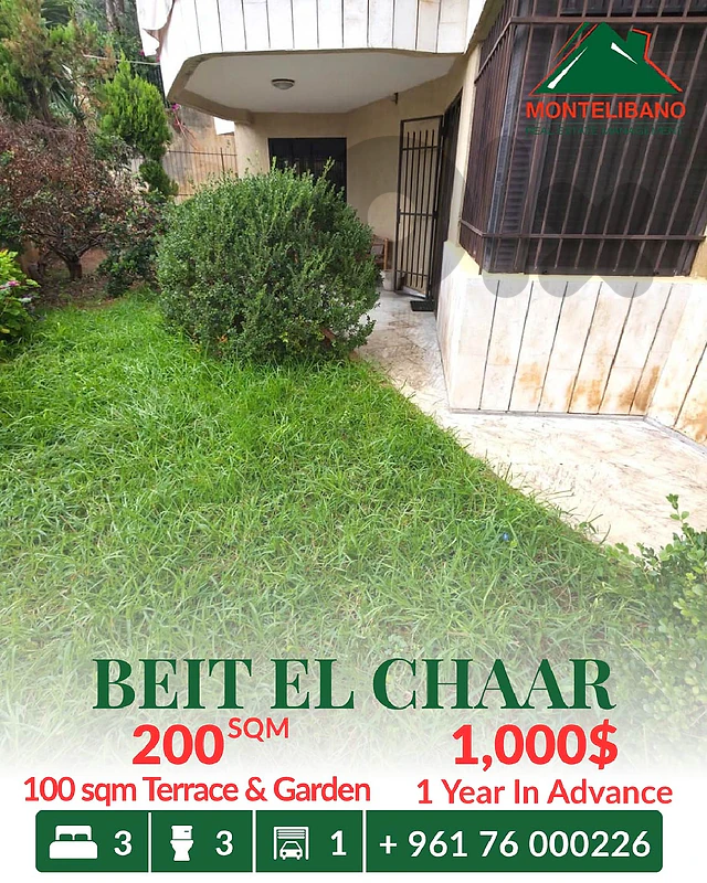 200 sqm Apartment For Rent in Beit El Chaar + 100 sqm Terrace & Graden