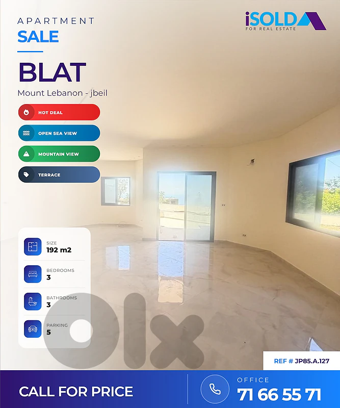 Apartment + Mountain&sea view + Terrace 4sale in Blat - شقة في بلاط