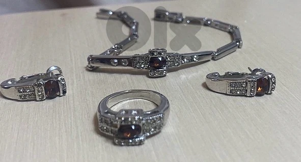 : Genuine Sterling Silver Jewelry Set with Garnet & Rhinestones