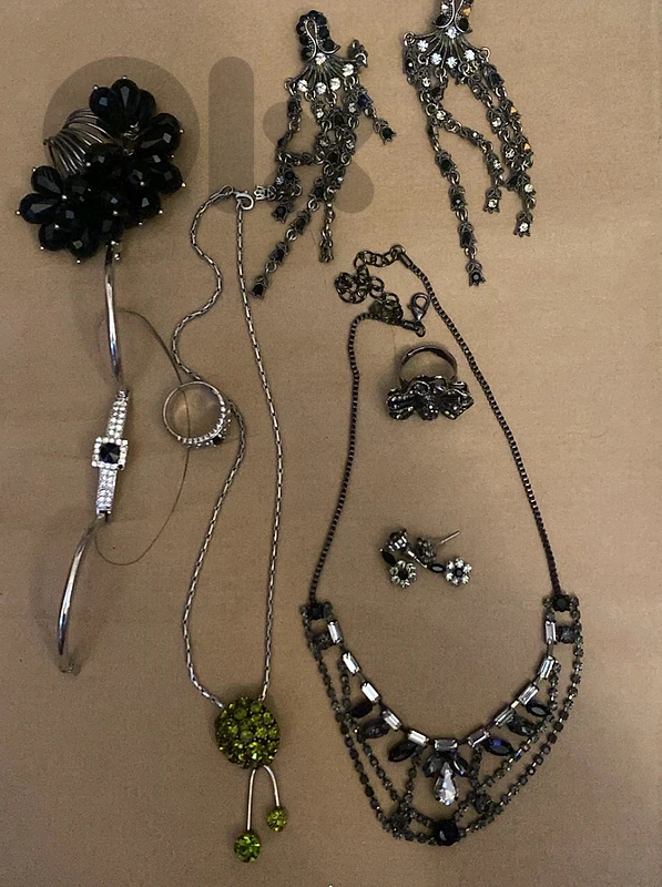 Gothic / Vintage Black & Silver Rhinestone Costume Jewelry Set Bundle