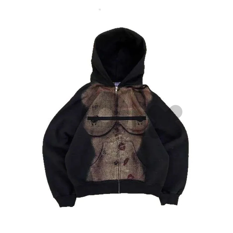 Vintage Wash Graphic Full-Zip Hoodie – Black / Alternative Streetwear
