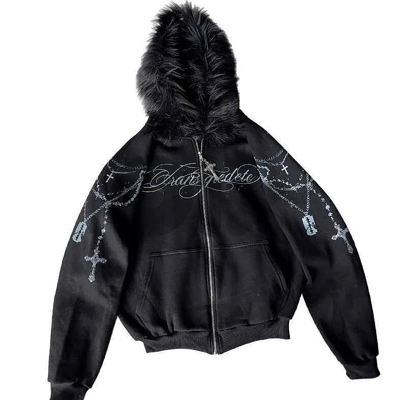 Brand New Y2K Fur Hood Graphic Zip-Up – Black / Gothic Streetwear