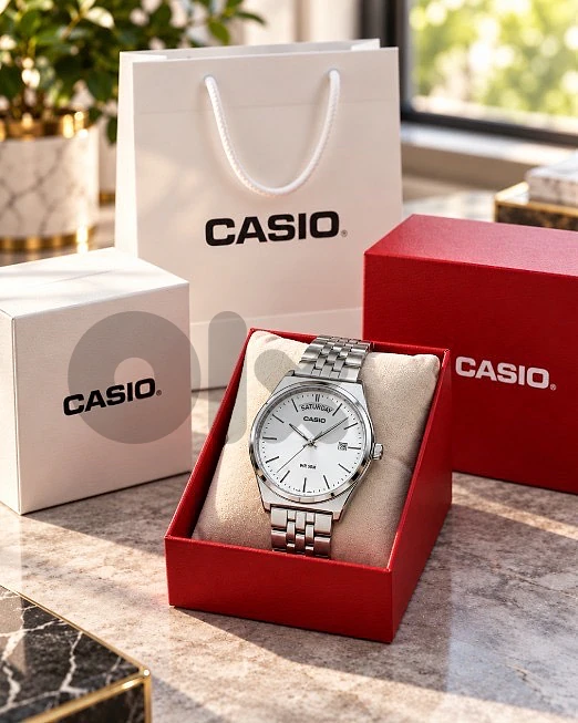 Casio Men’s Stainless Steel Watch – White Dial – Day & Date – Full Set