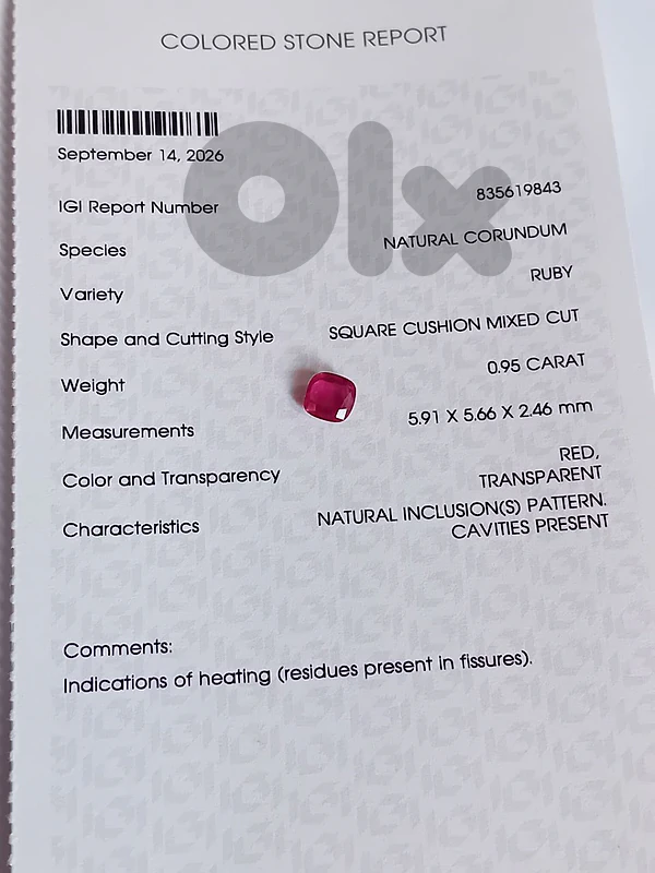 certified ruby  400$ , 0.95 ct.