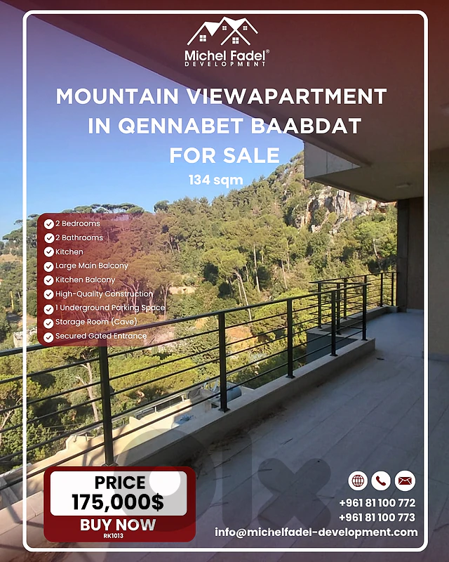 RK1013-Mountain View Apartment in Qennabet Baabdat for Sale