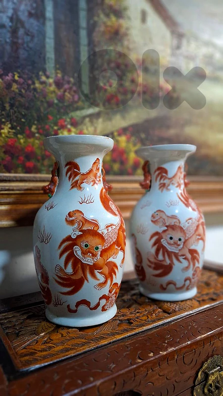 Rare 1910s Jingdezhen "Zhushan" Iron-Red Foo Dog Vases (Signed)