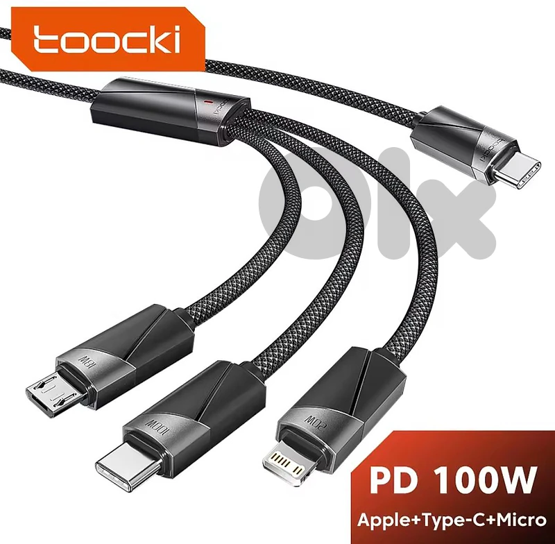 4 pcs- 100W 3-in-1 Fast Charging Cables (USB-C / iPhone / Micro-USB)