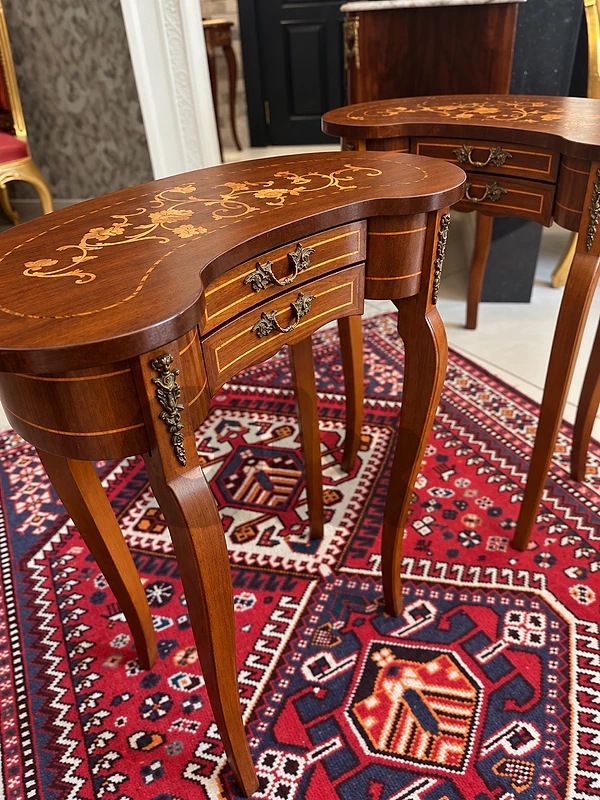 Pair of Vintage Italian Marquetry table with Two Drawers, Louis XV