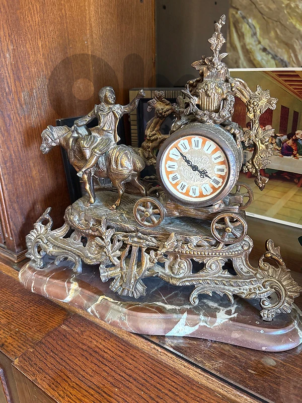 Antique French-Style Bronze Mantel Clock – Chariot Design
