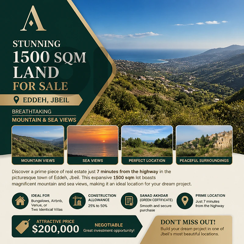 Prime 1500 sqm Land in Eddeh, Jbeil – Mountain & Sea Views!