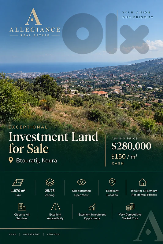 Exceptional Investment Land for Sale – Btouratij, Koura