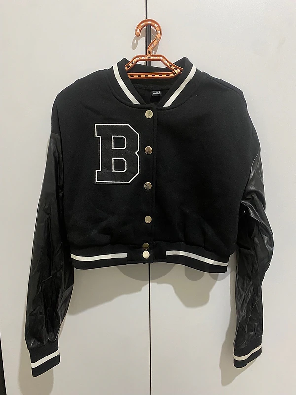 Black Varsity Bomber Jacket with White “B” Letter & Faux Leather Sleev