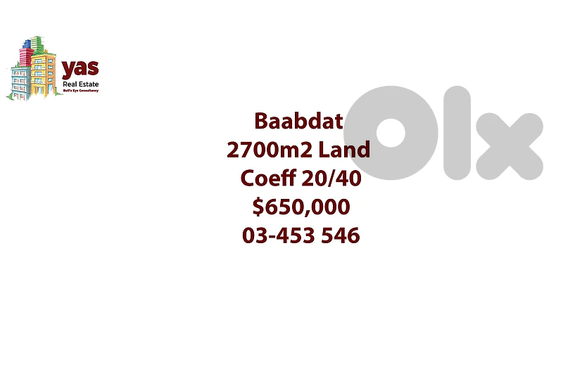 Baabdat 2700m2 | Residential Land | Coeff 20/40 | TCH