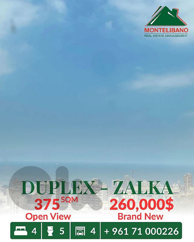 Brand New 375 sqm Duplex For Sale in Zalka زلقا with Open View