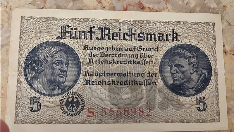 German Nazi Five Reichsmarks Banknote era of Hitler in World War II German Nazi Five Reichsmarks Banknote era of Hitler in World War II