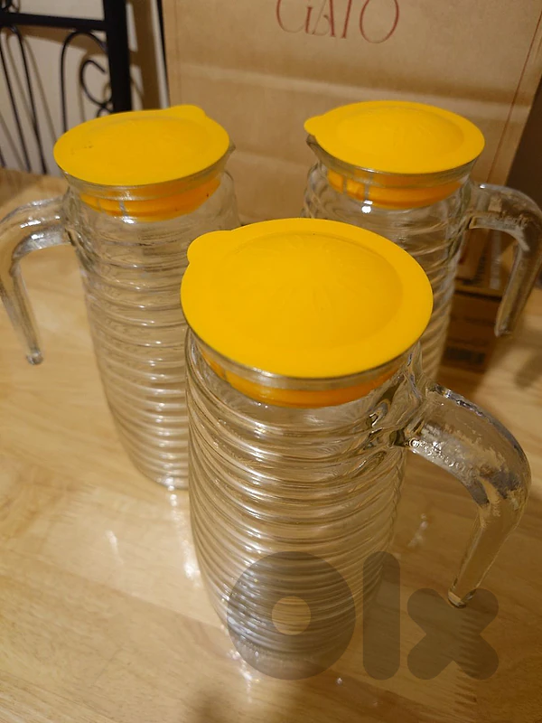 Set of 3 Ribbed Glass Fridge Pitchers / Water Jugs with Lids